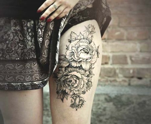 Left Thigh Black And White Flowers Tattoo